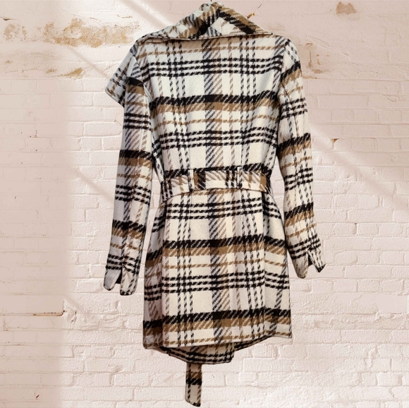 Coldwater Creek Plaid Wrap Pea Coat Size XS (4/6) In Cream + Brown - Picture 4 of 7